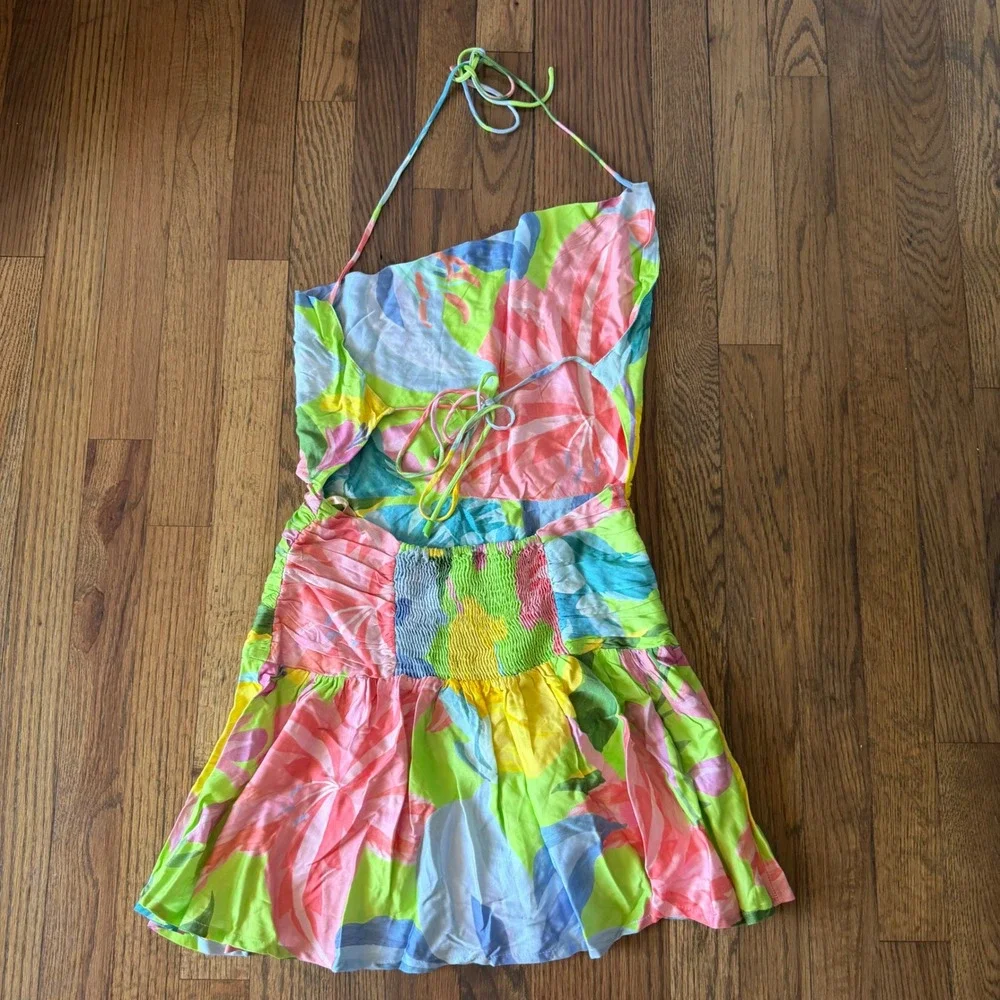 Farm Rio Love of Flower Short Dress Neon Floral Draped Cowl Neck Open Back Sz S - Picture 16 of 16